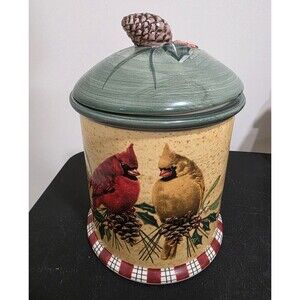 LENOX “Winter Greeting” Collection CARDINAL Cookie Jar w/Lid RedYellowBIRDS EuC